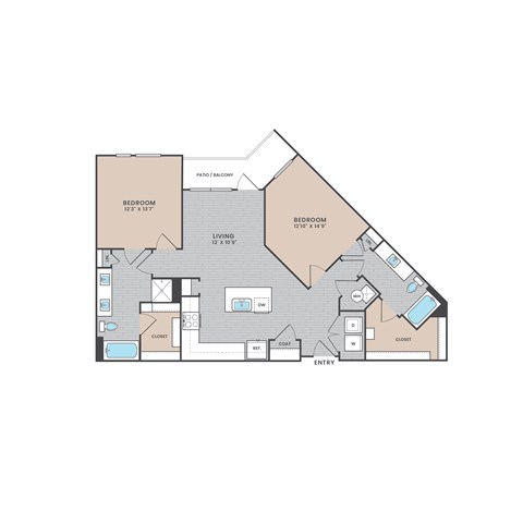 A floor plan of a house with two bedrooms, a living room, a kitchen, a bathroom, and a closet.